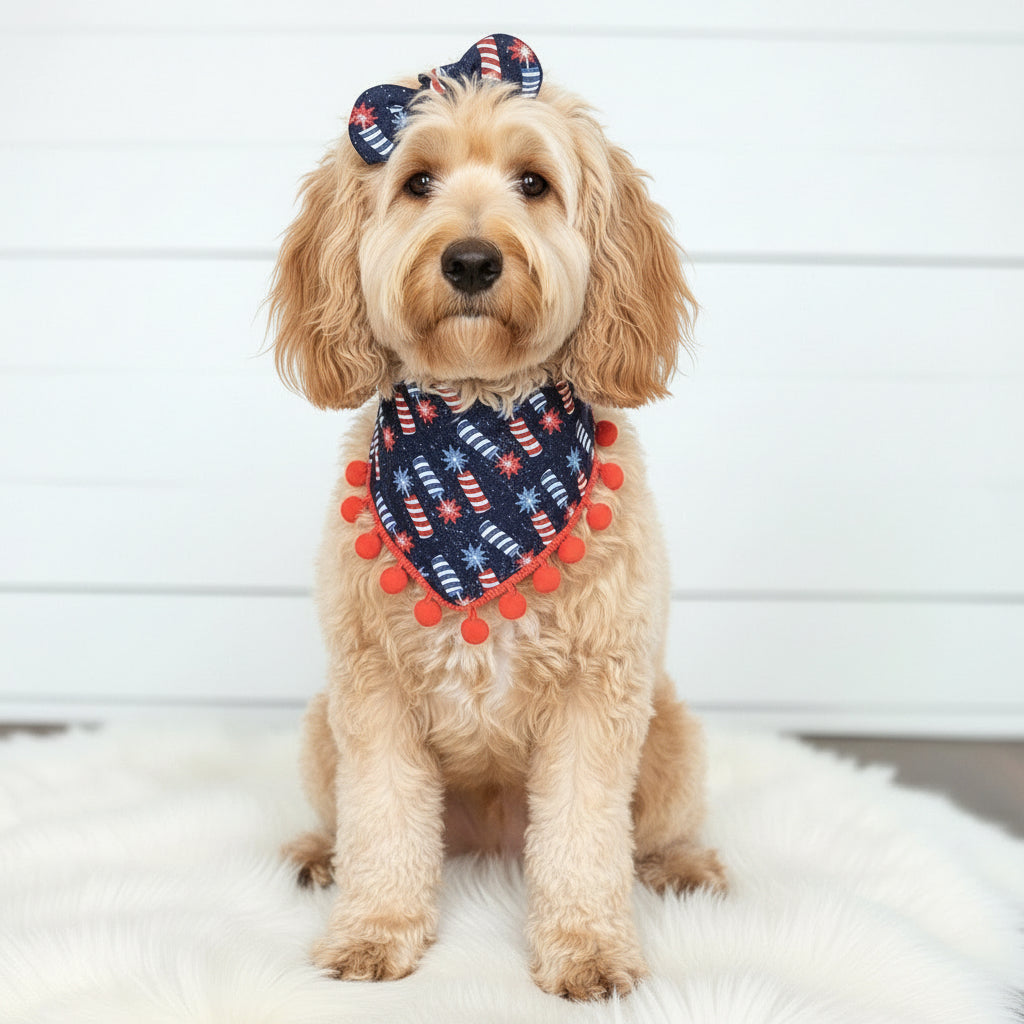 Fireworks with Pom Poms Dog Bandana