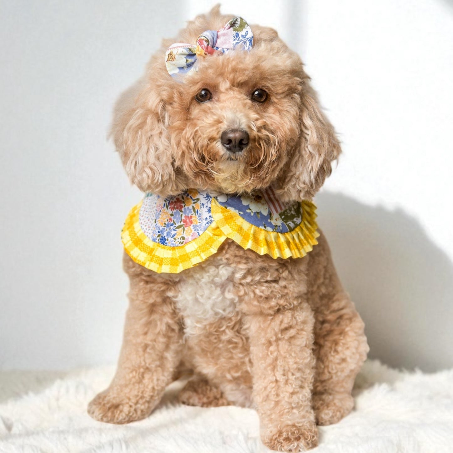 Blue Floral Cape with Mustard Ruffles - Girl Dog Bandana