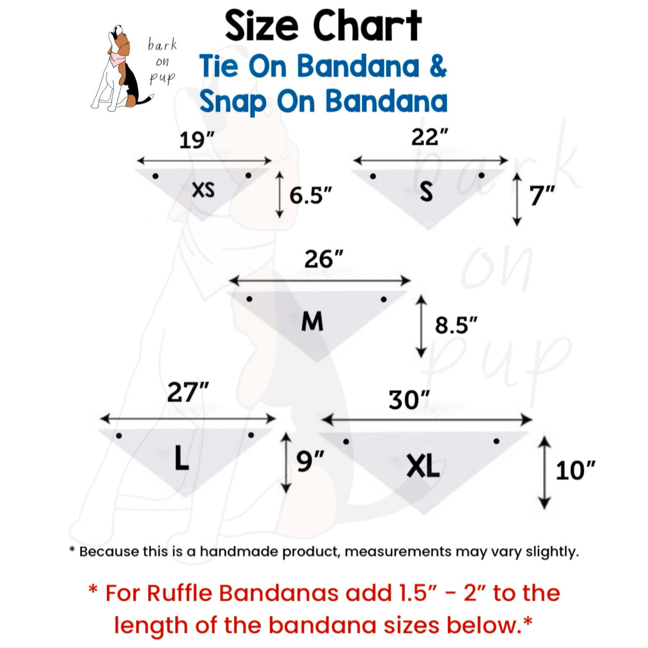 Dog bandana size chart showing neck measurements for multiple sizes