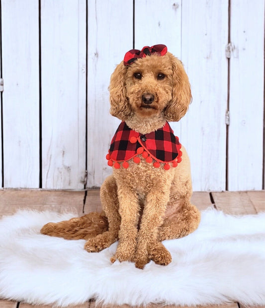 Red Buffalo Cape with Pom Pom - Girl Dog Bandana