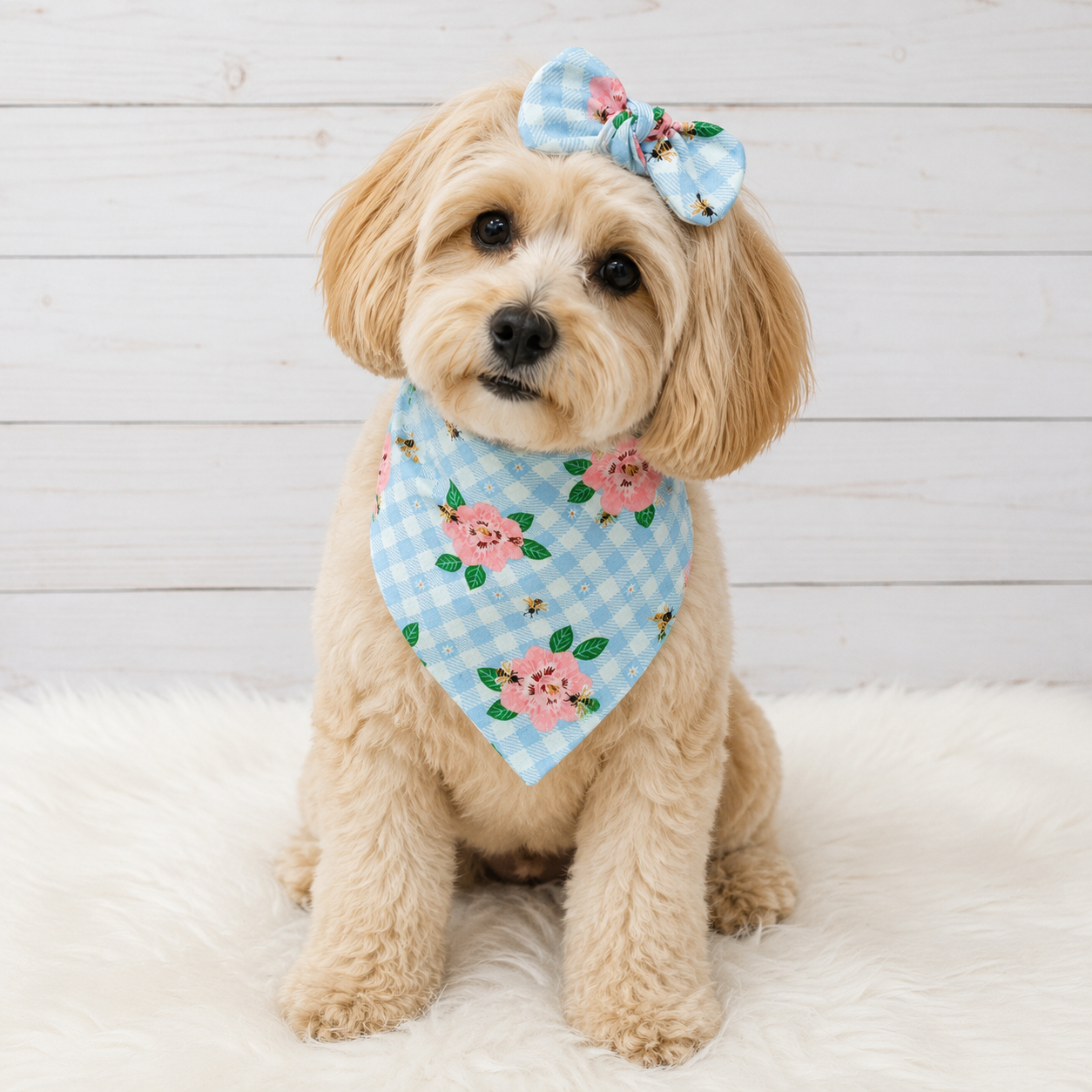 Blue Floral Gingham Dog Bandana