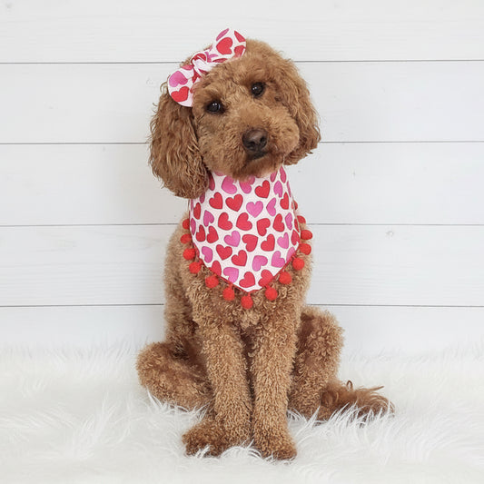 Valentine Hearts Pom Pom Dog Bandana