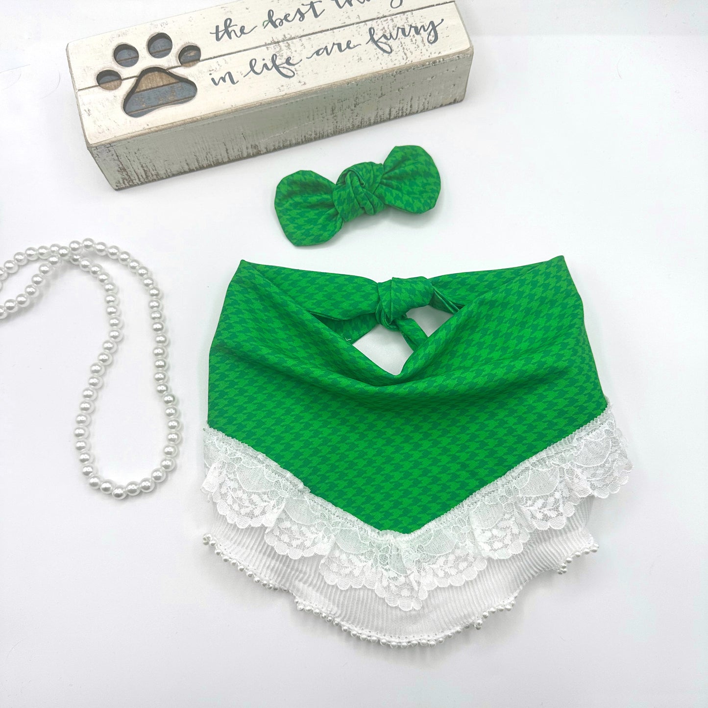 Green Houndstooth Dog Bandana with Lace