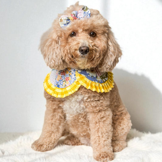 Blue Floral Cape with Mustard Ruffles - Girl Dog Bandana