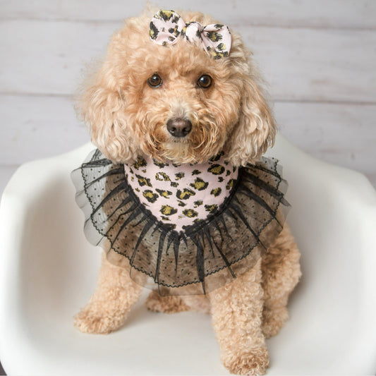 Dog wearing pink leopard ruffle dog bandana – stylish handmade fashion for pets