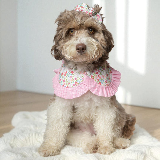 Pink Floral Cape with Ruffles - Girl Dog Bandana
