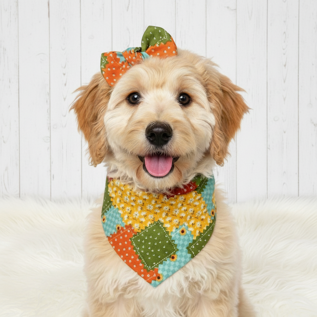 Dog wearing a fall bandana with an oval hair bow. 
