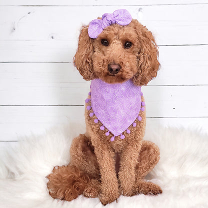 Small dog wearing lavender pom pom ruffle dog bandana sitting on a bed