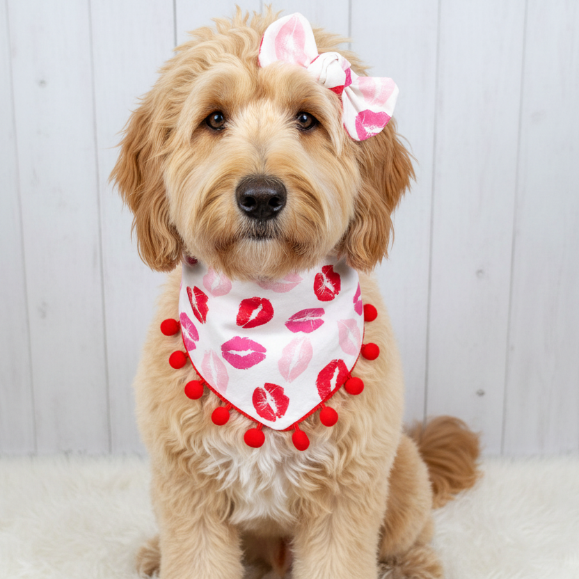Valentine Kisses Pom Pom Dog Bandana