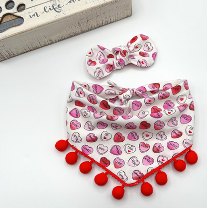 Valentine Candy Hearts Pom Pom Dog Bandana