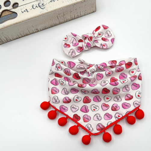 Valentine Candy Hearts Pom Pom Dog Bandana