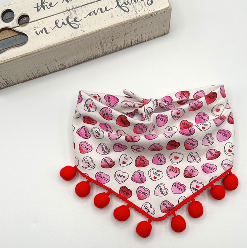 Valentine Candy Hearts Pom Pom Dog Bandana