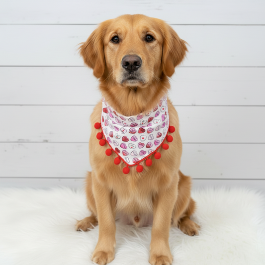 Valentine Candy Hearts Pom Pom Dog Bandana