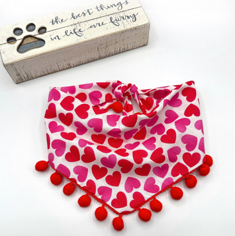 Valentine Hearts Pom Pom Dog Bandana