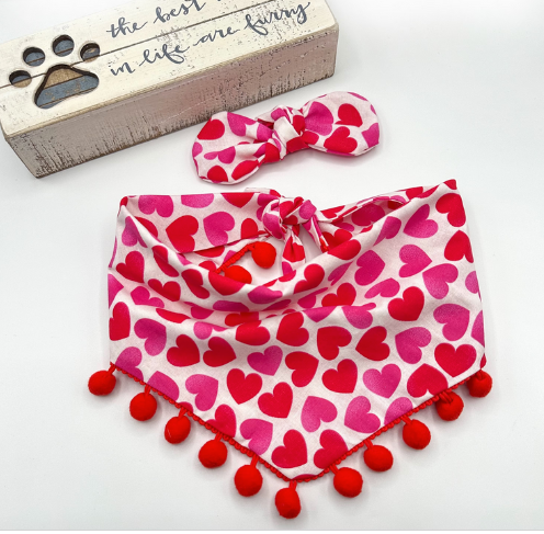 Valentine Hearts Pom Pom Dog Bandana