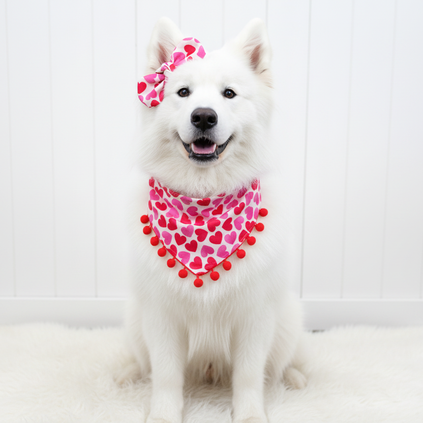 Valentine Hearts Pom Pom Dog Bandana