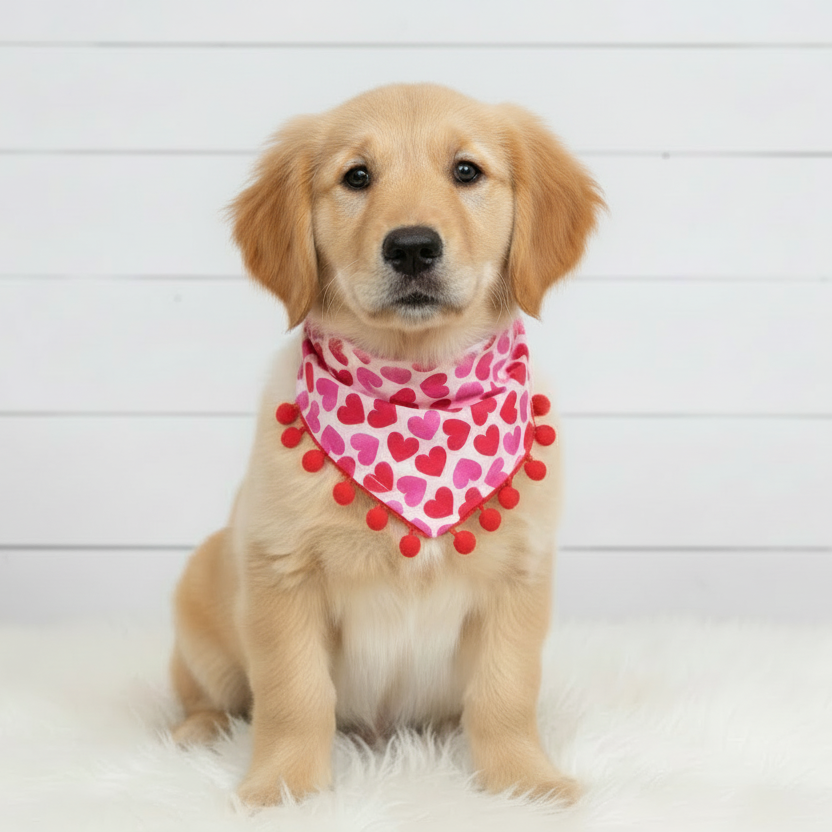 Valentine Hearts Pom Pom Dog Bandana